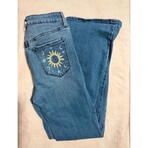 Old Navy High-Rise Wow Flare Jeans Blue Celestial Sun Moon Graphic Womens Size 6